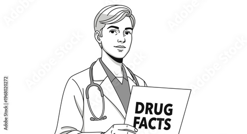 Male doctor character holding a "Drug Facts" document.