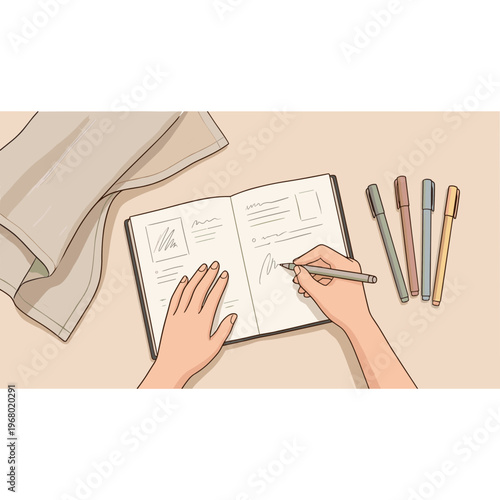 Person writing in notebook with colorful pens on table indoors