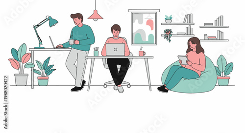 Three people working in a modern, minimalist office space with laptops and tablets, surrounded by plants and contemporary decor.