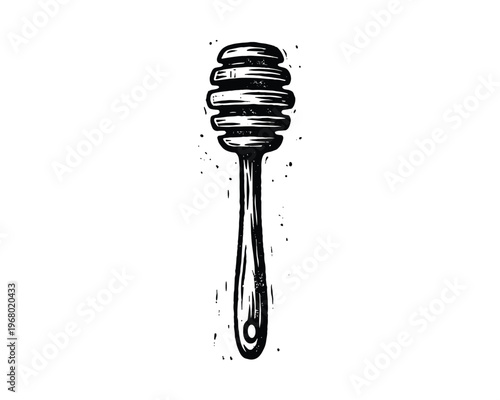 Wooden spoon for sweet liquid, hand drawn black and white honey dipper, isolated on background
