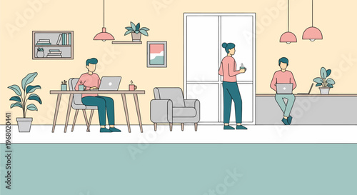 Illustration of people working remotely in a modern, casual co-working space with plants and minimalist furniture.