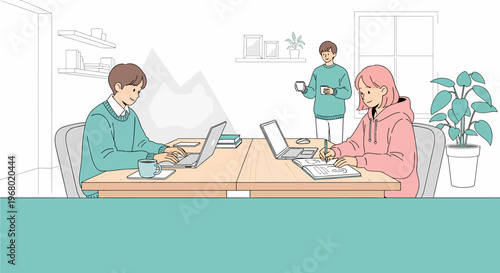 Three young professionals collaborating and working on laptops in a modern, minimalist office environment.