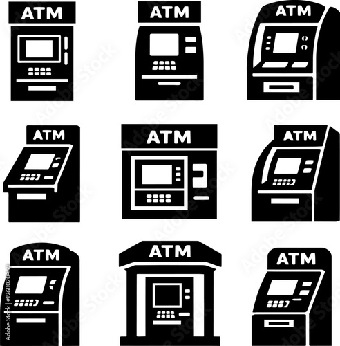 ATM machine icons set in black and white