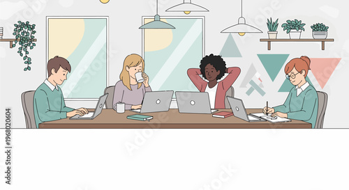 Four diverse individuals collaborating and working diligently on laptops and notebooks at a shared office table in a modern, bright workspace.