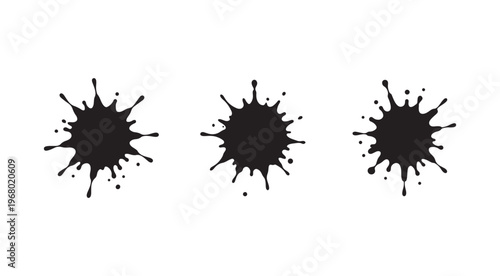 Three black ink splatters on white background  liquid splashes  abstract art elements  design components