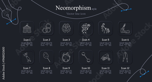 Circus entertainment show set icon. Circus tent stage, juggling rings performance, lion animal show, clown entertainer, unicorn fantasy act, striped sock costume, fire torch stunt, cotton candy