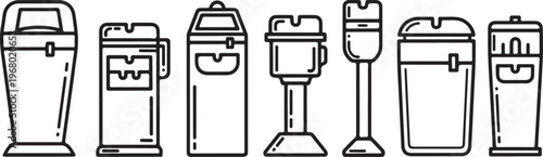 A series of minimalist black suitcases shown from different angles Vector