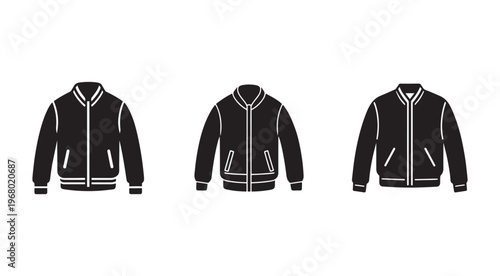 Three black jackets with white outlines and zippers  front and back views  isolated on white background