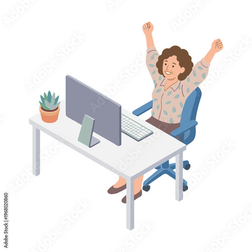 Woman sitting at desk celebrating with raised arms in front of computer