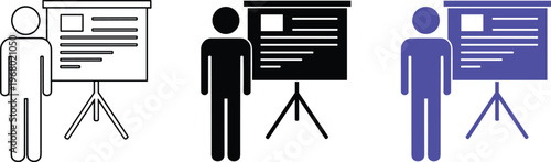 Presentation Speaker Vector Set Business Training Seminar Icons with Projector Screen Line Art and Solid Styles