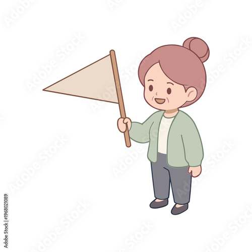 A young girl holding a triangular flag in her hand standing outside