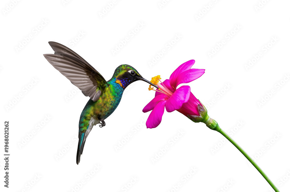 Fototapeta premium Hummingbird pollinating pink flower transparent background