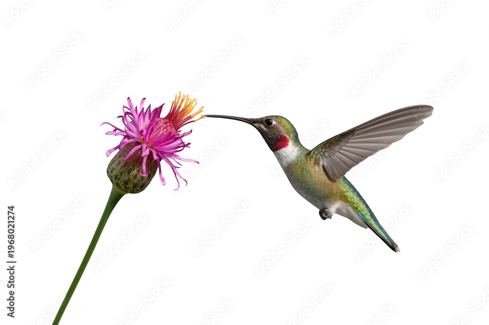 Fototapeta premium Ruby throated hummingbird feeding nectar from pink flower