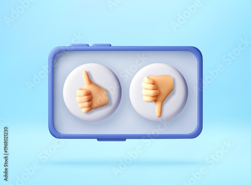 3D Smartphone displaying thumb up and thumb down icons. Social media voting feedback buttons. Digital choice concept for review, opinion, and user rating evaluation. Vector Illustration