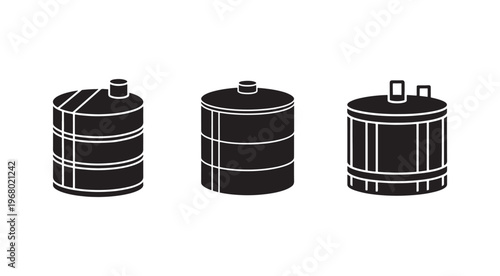 Three black metal oil drums or barrels with white lines on white background for industrial or storage concepts