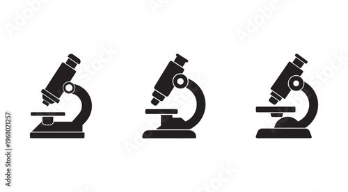 Three black microscope icons in different positions on white background for science and research concepts  laboratory equipment