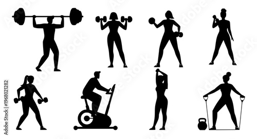 Stylized gym fitness people vector illustration set men women EPS10 isolated on white