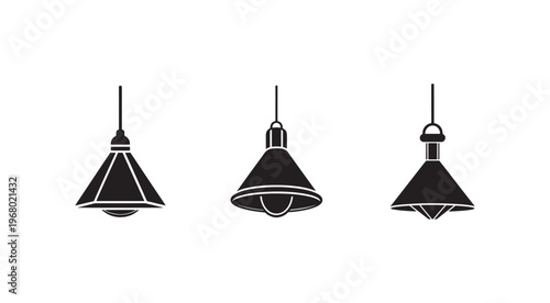 Three black pendant light fixtures with white outlines hanging from ceiling  modern lighting design elements