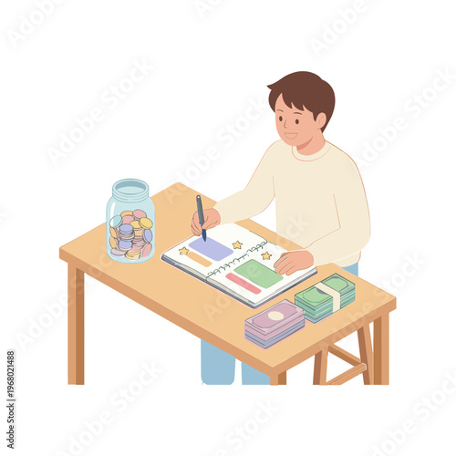 Man sitting at desk writing in notebook with jar of coins and money
