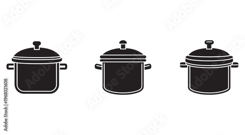Three black pots with lids and handles on white background for cooking and kitchen concepts  simple icons