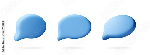 Blue 3d speech bubble set isolated on white. Chat icon for digital communication and notification. Floating talk balloon for message interface or social media design element. Vector Illustration