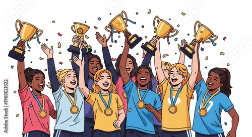 Diverse group of young athletes celebrating victory with trophies and medals in a joyful scene