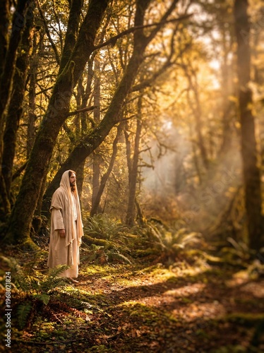 Jesus Christ walking in forest with golden sunlight rays, peaceful biblical scene of solitude, prayer and spiritual connection, serene nature background with warm tones and copy space