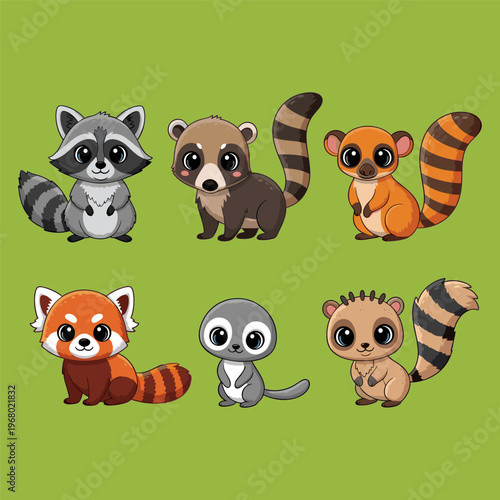 group of raccoons and exotic animals isolated on transparent background