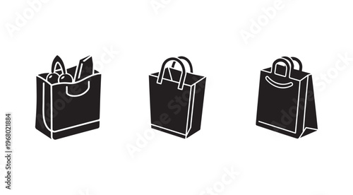 Three black shopping bags with white outlines on white background for shopping and retail concepts  isolated