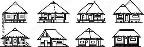 Black and white line drawings of various residential house designs Vector