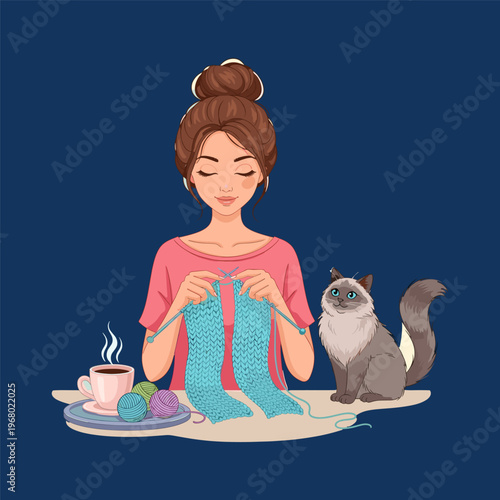 Woman knitting blue socks with cat and coffee isolated on transparent background