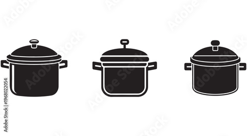 Three black silhouette cooking pots with lids and handles on white background for food and kitchen concepts  cooking utensils