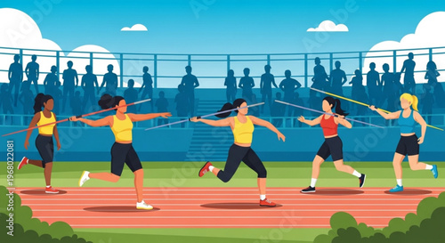 Women in athletic wear sprinting and throwing javelins on a track with spectators watching from the stands under a bright blue sky