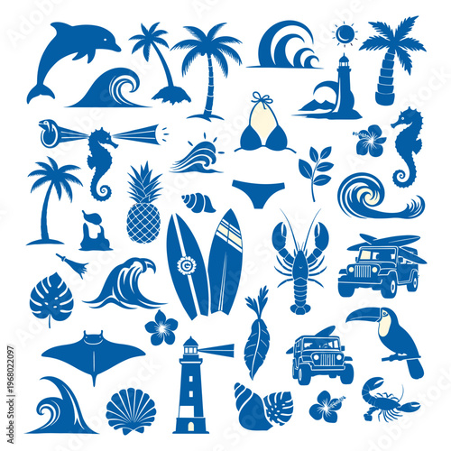 collection of blue beach icons including dolphins, palm trees, and surfboards isolated on transparent background