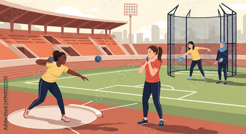 Women in athletic wear practicing track and field events on a stadium field with a throwing area and safety net