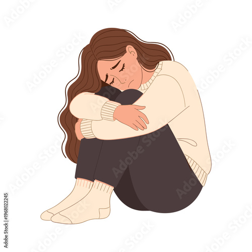 sad woman sitting alone isolated on transparent background