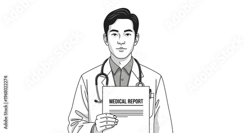 Male doctor holding a medical report document. Professional physician in white coat with stethoscope, healthcare and medical service concept.