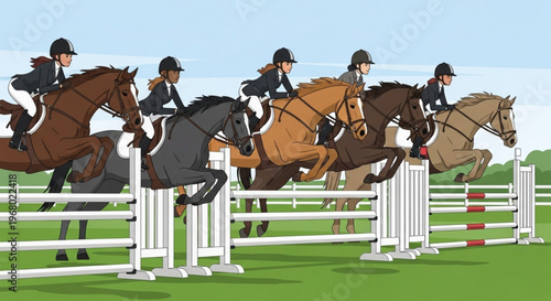 Equestrian athletes riding horses jumping over obstacles in a competition arena with white fences