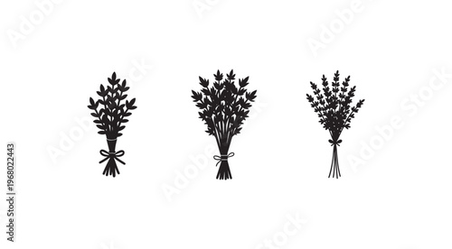 Three black silhouettes of bouquets of flowers tied with ribbons on white background
