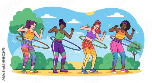 Four women hula hoop in park with colorful outfits and accessories on sunny day