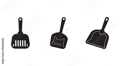 Three black silhouettes of cat litter scoop shovels with different designs on white background  simple icons for pet cleaning tools