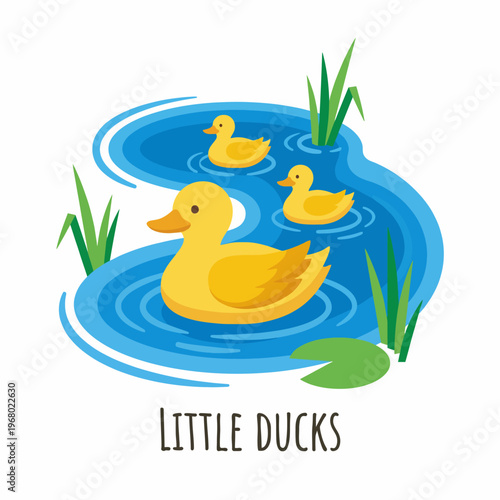 A playful illustration showing three yellow ducks swimming happily in blue water surrounded by greenery, evoking feelings of tranquility, joy, and the essence of nature.