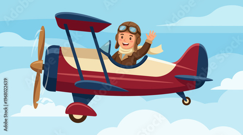 A cheerful pilot waves from a classic biplane soaring through a bright blue sky, capturing the spirit of adventure and the joy of flying in a whimsical cartoon style.