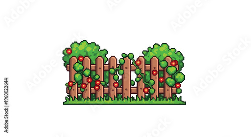 A pixel art illustration of a brown wooden fence covered in green vines with red flowers, set against a plain white background.