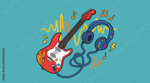 A vibrant electric guitar and headphones are illustrated against a bright blue background, embodying the music lifestyle and creative energy of musical expression.