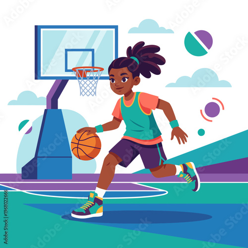 A young girl dribbles a basketball on a colorful court, showcasing her skills and enthusiasm for the sport, representing empowerment and physical activity for youth and health.