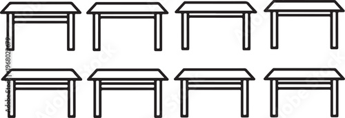 Line art illustration of eight simple wooden chairs arranged in two rows Vector