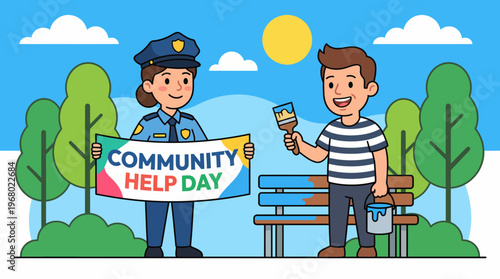 Two community members, a police officer and a volunteer, hold a sign for Community Help Day, embodying the spirit of collaboration and service in a vibrant, family-friendly scene.