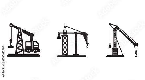 Three black silhouettes of different types of cranes used in construction sites and industrial settings for lifting heavy loads  mobile truck crane and two stationary cranes