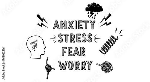 Mental health concept with text Anxiety, Stress, Fear, and Worry. Illustration of psychological pressure, emotional burnout, and mental disorder symbols.
